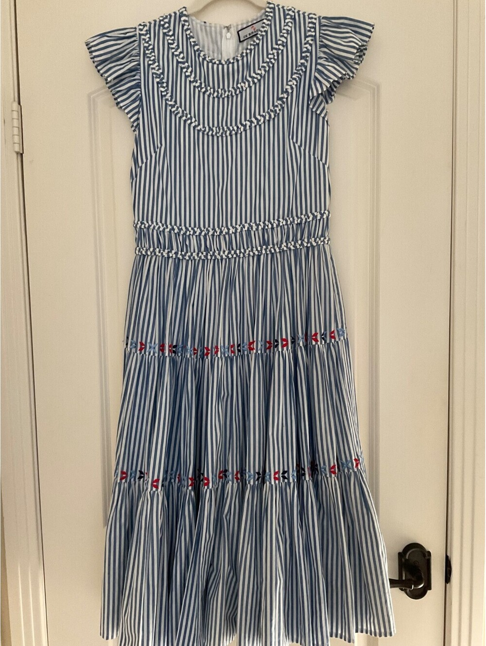CK Bradley Blue Striped Tiered Maxi Dress With Embroidered Accents Size S